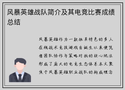 风暴英雄战队简介及其电竞比赛成绩总结